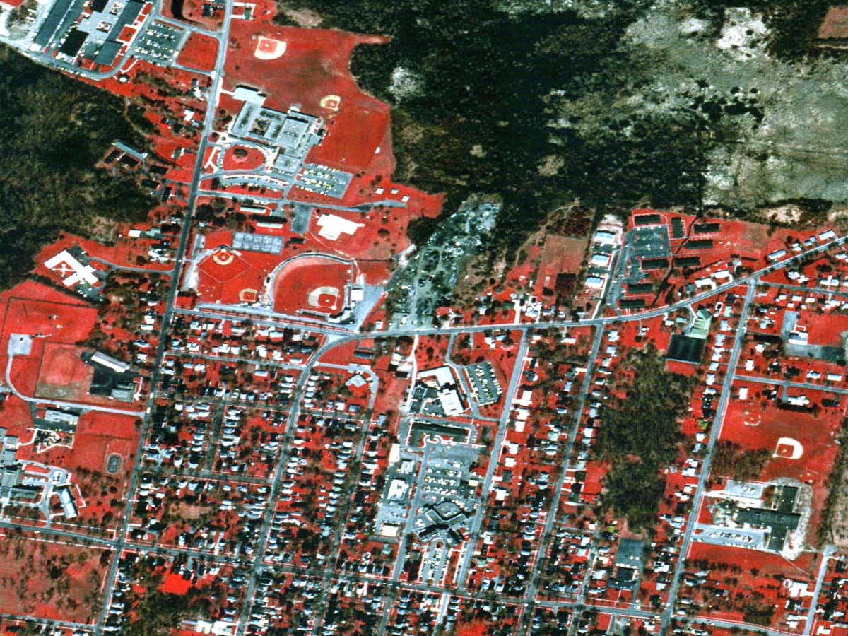 Color-infrared federal aerial mosaic showing the Bank Street and Dwyer Stadium area in Batavia