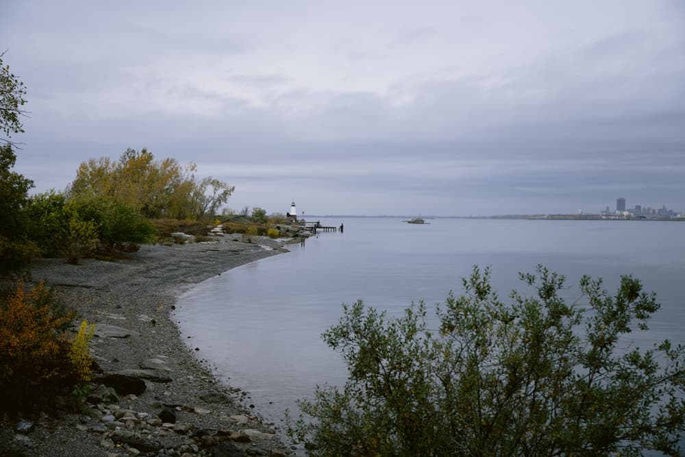 West shoreline of Buffalo Harbor Confined Disposal Facility Number 4 with Lake Erie and the Buffalo skyline beyond