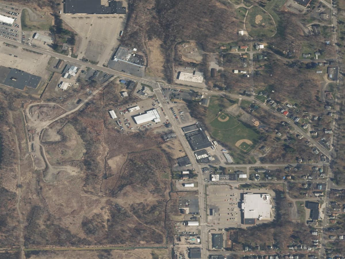 New York State orthophoto showing the Jamestown neighborhood and commercial corridor around the former C&B Dry Cleaners property