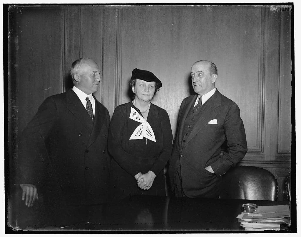 James H. Rand Junior meeting with U.S. Labor Secretary Frances Perkins during the 1937 Remington Rand strike