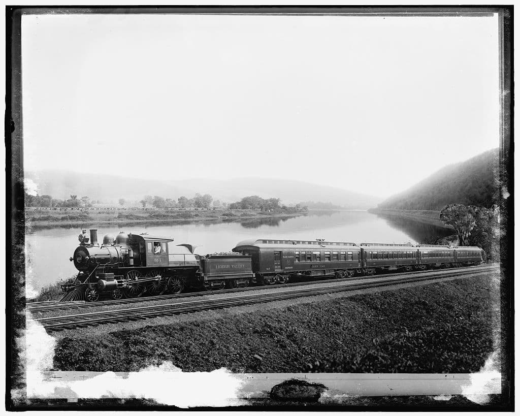 Historic Lehigh Valley Railroad Black Diamond express train beside the Lehigh River