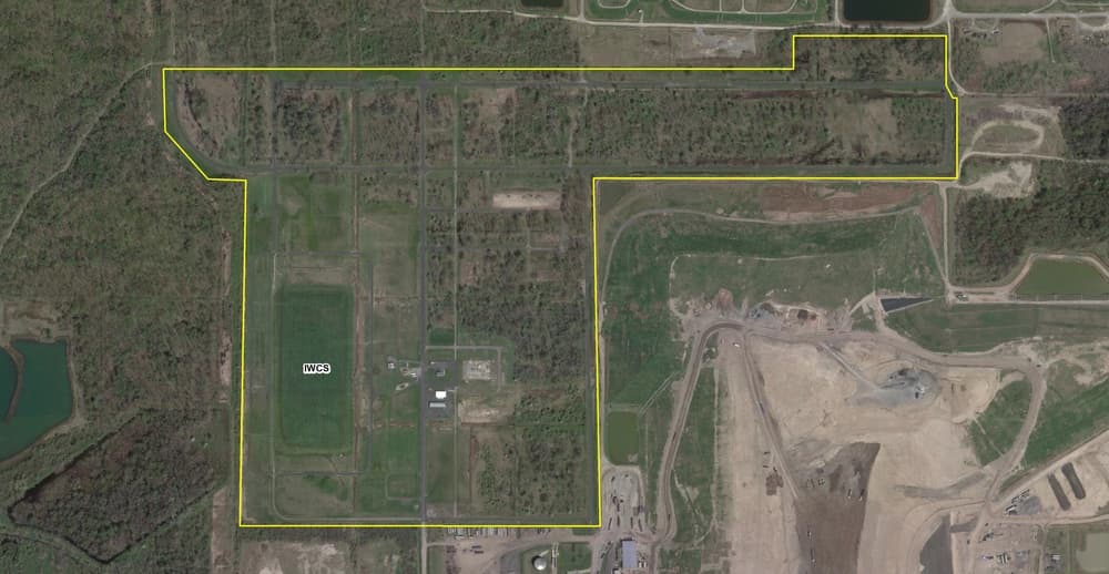 Annotated aerial view outlining the Niagara Falls Storage Site and its interim waste containment structure