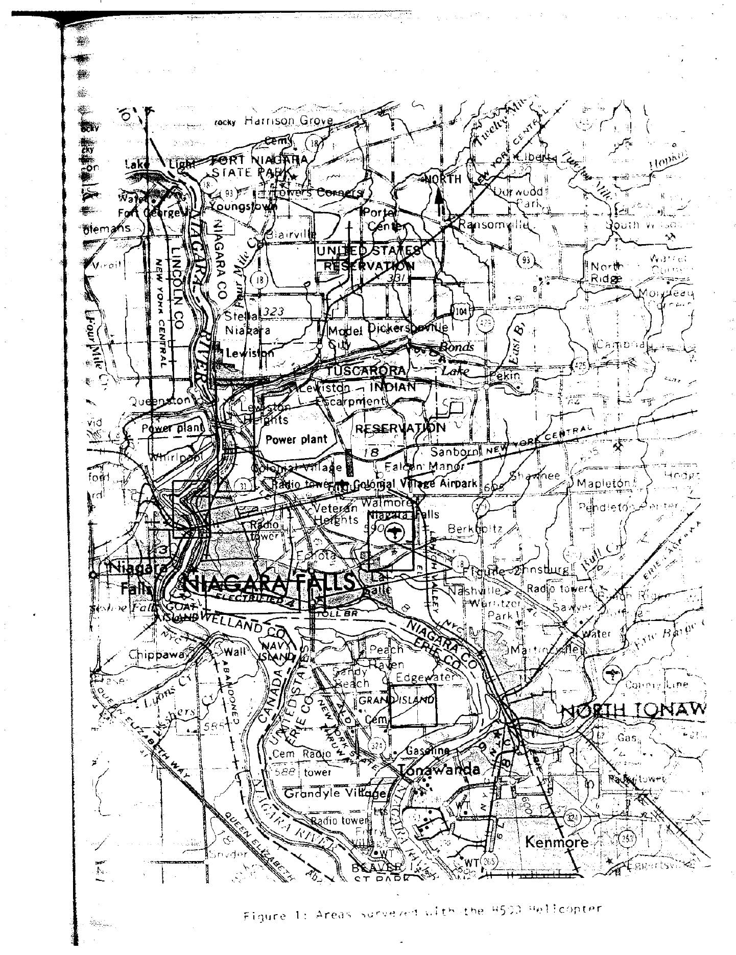 Historical federal map showing the Niagara Falls areas included in the September 1979 helicopter radiological survey
