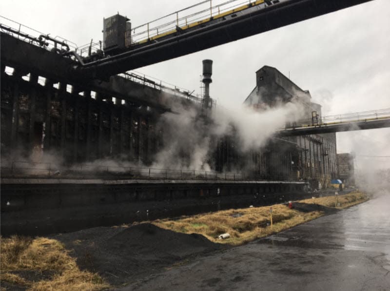 The deactivated coke oven battery and coal charging building at the former Tonawanda Coke facility